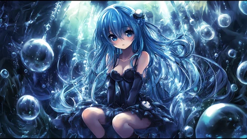 Blue haired aquatic anime girl in luminous underwater bubbles
