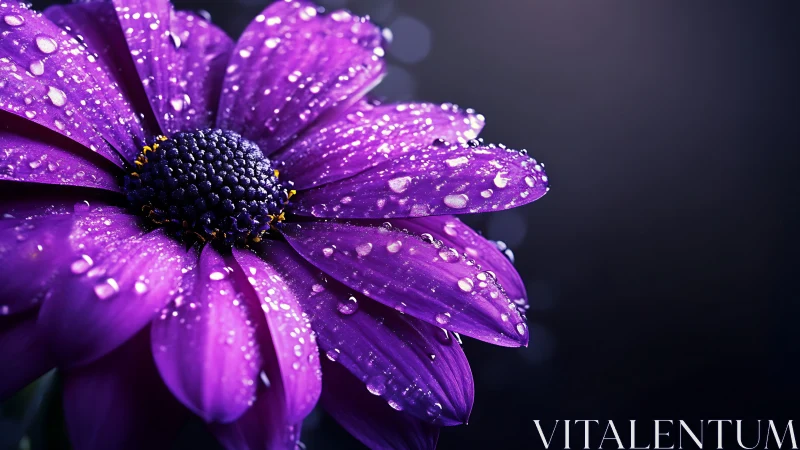 Purple Daisy Bloom Covered in Water Droplets and Morning Dew.