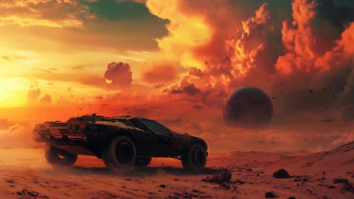 Desert rover crosses alien dunes under burning sunset sky.