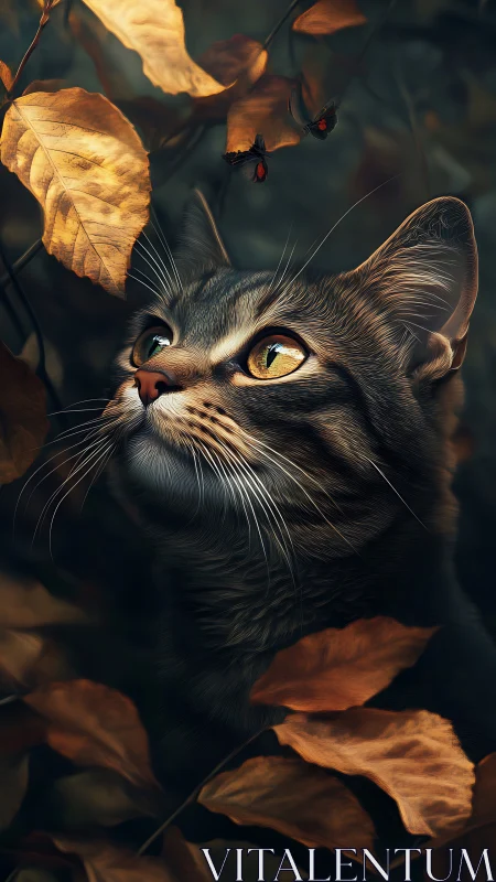 Cat's Upward Gaze Captures Autumn Foliage and Flying Insects