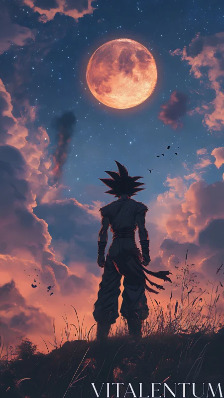 Stargazing warrior under a blazing harvest moon sky.