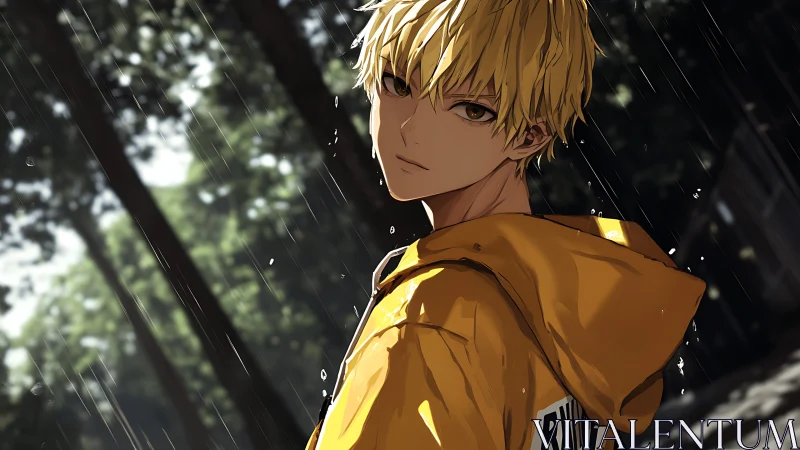 Rainlit gaze turns a quiet forest path into soft drama