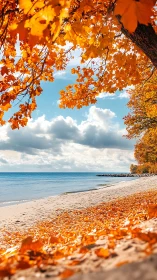 Autumn shoreline with golden trees by a calm blue sea.