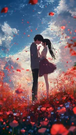 Lovers stand embraced in a glowing poppy field at sunset