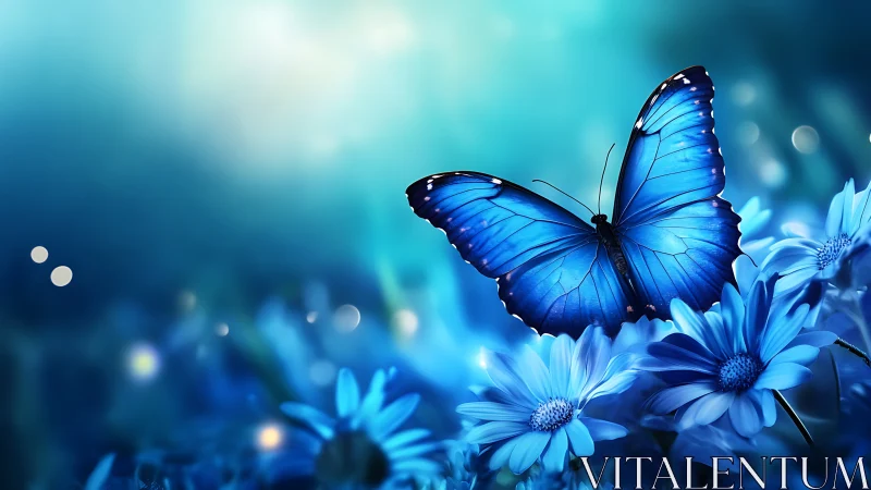 Blue butterfly on composite flowers in cool-toned field.