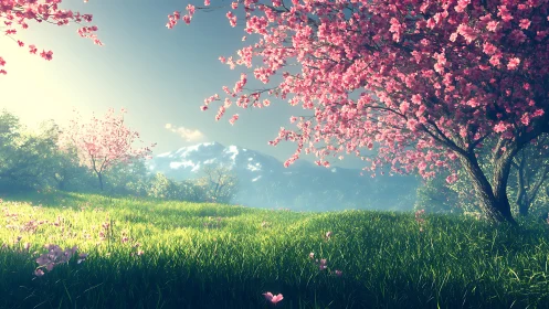 Cherry blossom meadow before distant snowcapped mountain.