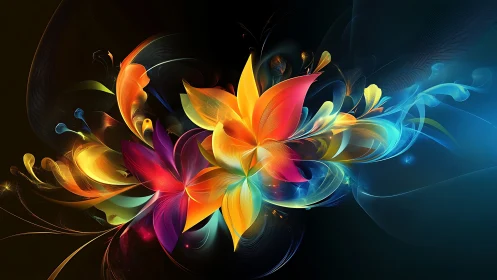Colorful abstract floral light forms radiate on dark background