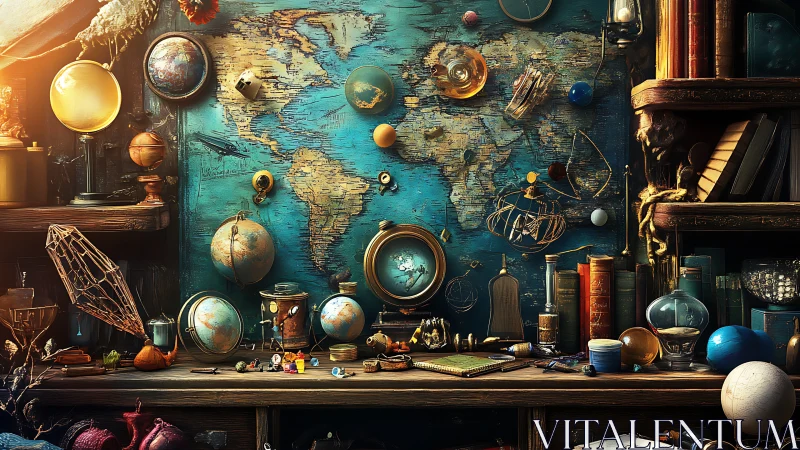 Vintage explorer’s desk glows before a grand teal world map