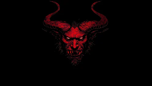 Sinister crimson demon head with glowing eyes on black field.