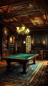 Luxury billiards room with ornate wood and warm lighting.