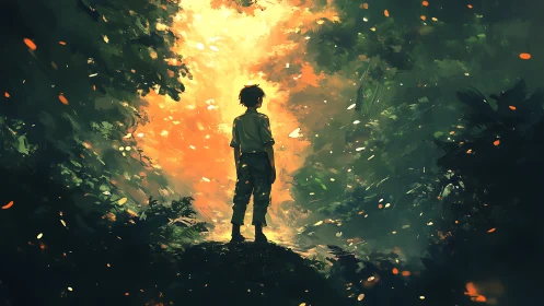 Silhouetted child confronts luminous forest clearing in dusk glow