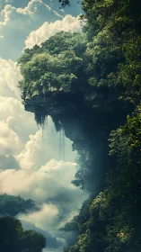 Floating forest cliff drifts calmly above misty cloud sea