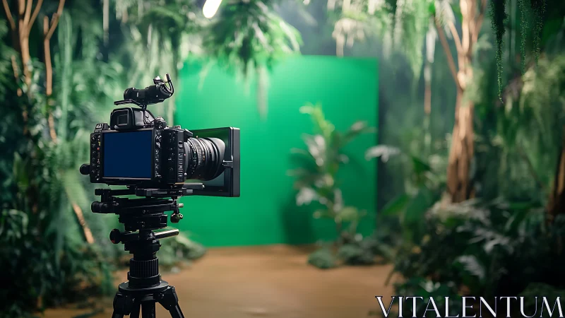 Cinema camera on jungle greenscreen stage in studio setup.