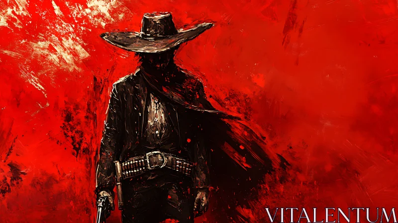 Lone gunslinger silhouette against violent red stormscape.