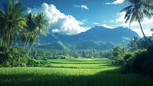 Tropical paddy valley under volumetric clouds and blue mountains.