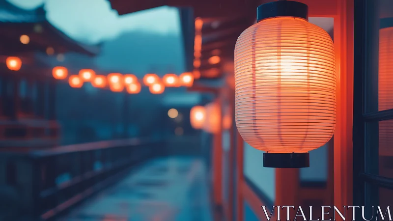 Warm lantern bokeh renders nocturnal Japanese walkway ambience