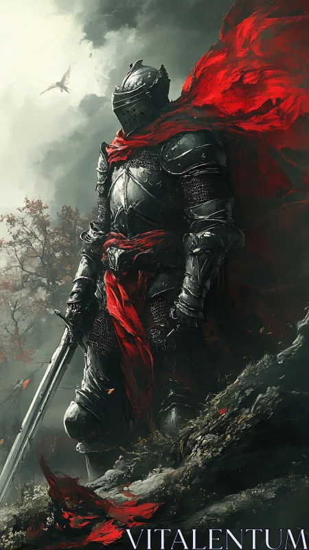 Crimson-cloaked dragon knight guarding storm-shadowed cliffs.