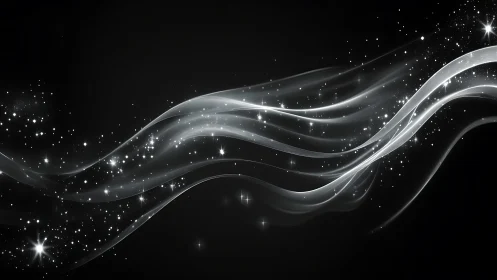 Abstract flowing white light waves with sparkling stars on black.