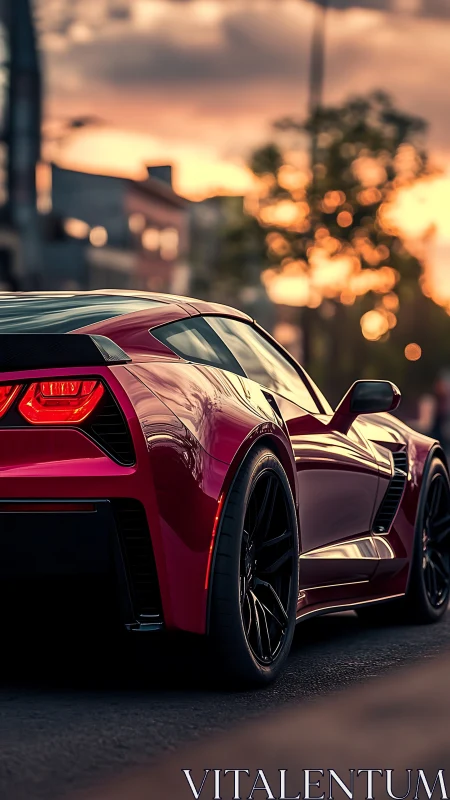 Red sports coupe parked on city street at sunset.
