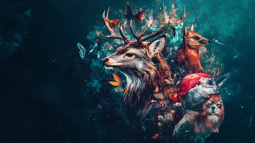 Digital painting wildlife totem cluster with luminous teal void.