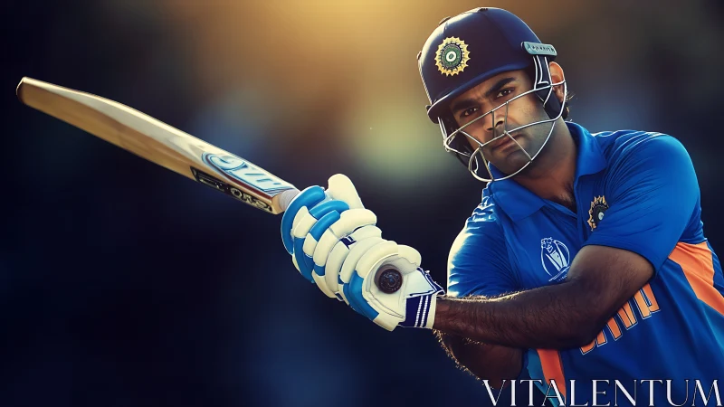 Cricket batsman locks focus and powers through a bold swing.