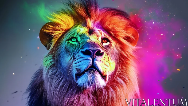 Chromatic lion portrait rendered with neon spectral rim lighting
