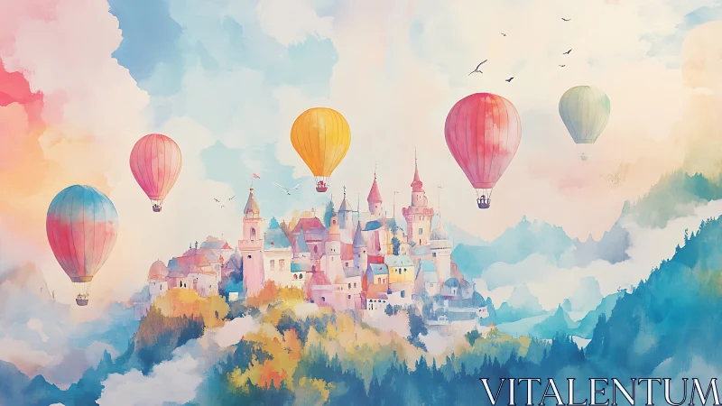 Dreamy hilltop castle with pastel hot air balloons above.