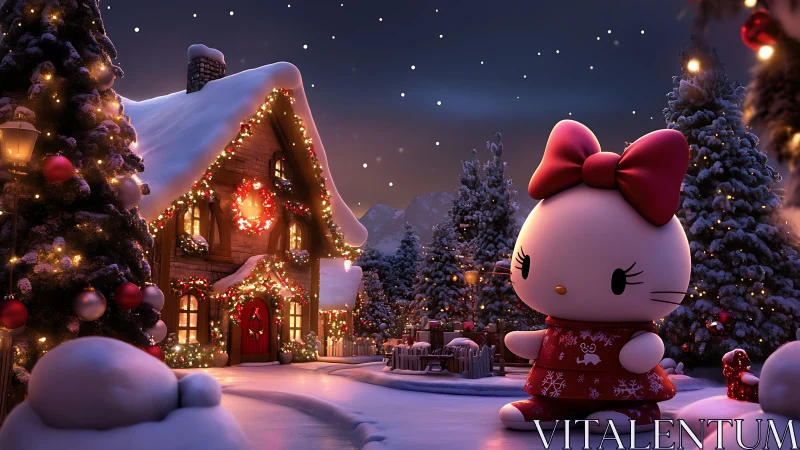3D winter cottage scene with stylized character centerpiece.
