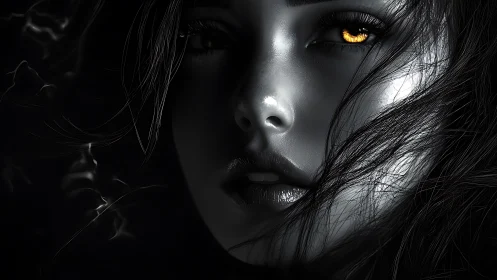 Golden-eyed portrait glows gently against deep shadowed night