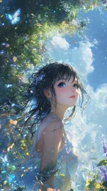 Girl in luminous garden under bright blue sky.