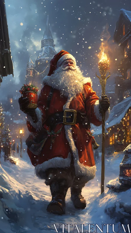 Santa in torchlit snowfall walking through festive village.