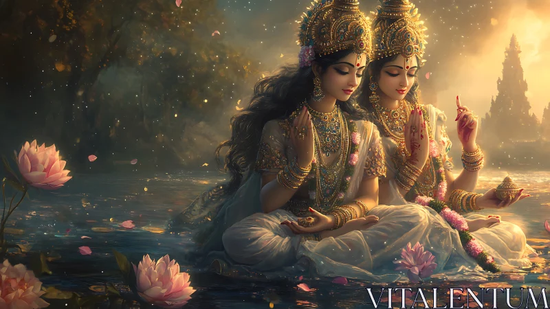 Divine female figures seated on lotus filled reflective water.