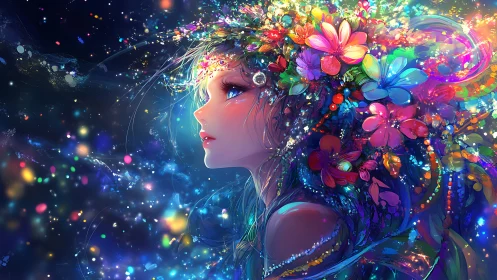 Luminescent anime portrait fusing floral motifs and cosmic bokeh