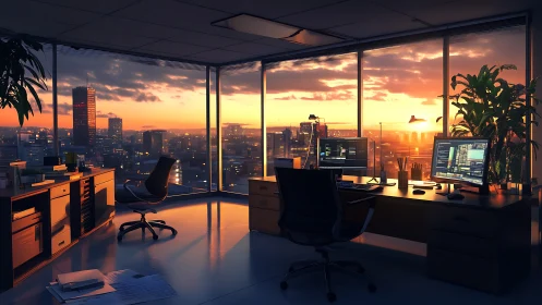Sunlit high-rise office overlooks dense city at sunset