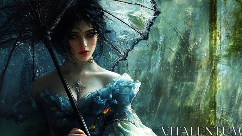 Ethereal woman beneath lace parasol in verdant rainstorm.