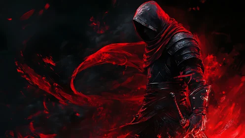 Hooded dark warrior wreathed in swirling crimson energy.