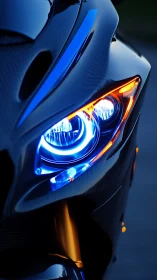 Photorealistic sport bike headlight with neon rim lighting detail.