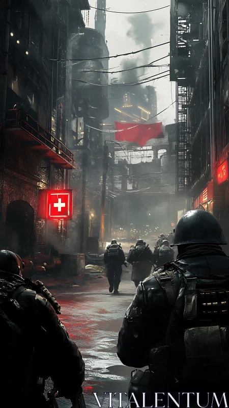 Armored patrol advances through dense industrial street