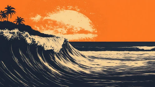 Molten tangerine sunset cresting over midnight surf.