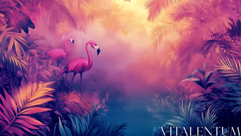 Dreamy flamingo lagoon glowing in tropical twilight mist.