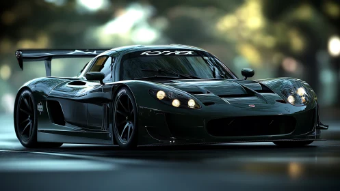 Midnight track-ready supercar glows under city bokeh lights.