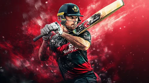 Cricket batsman drives through bold red energy and motion