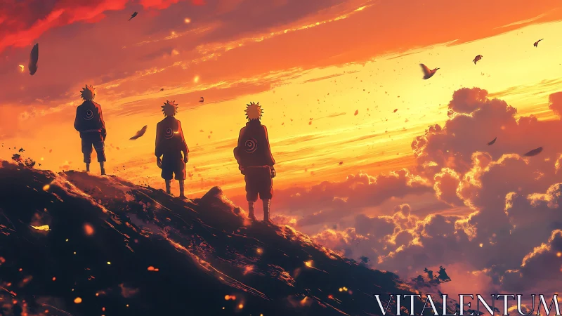 Three anime warriors gaze across a blazing sunset sky
