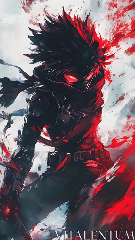 Masked cyber ninja in red energy storm, dynamic angle.