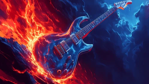 Electric guitar slices molten lava against cold blue storm