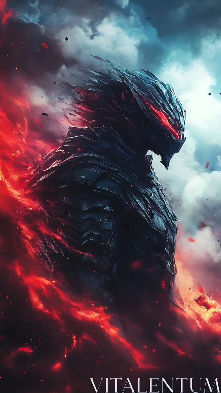 Armored fire titan stands amid swirling magma storm