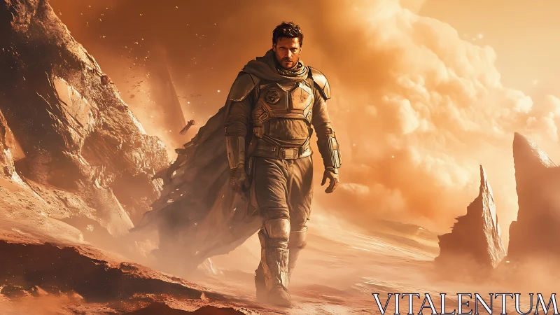 Armored astronaut walks across bright orange alien desert
