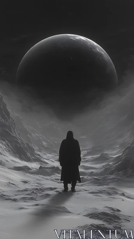Solitary cloaked wanderer under eclipsed lunar horizon