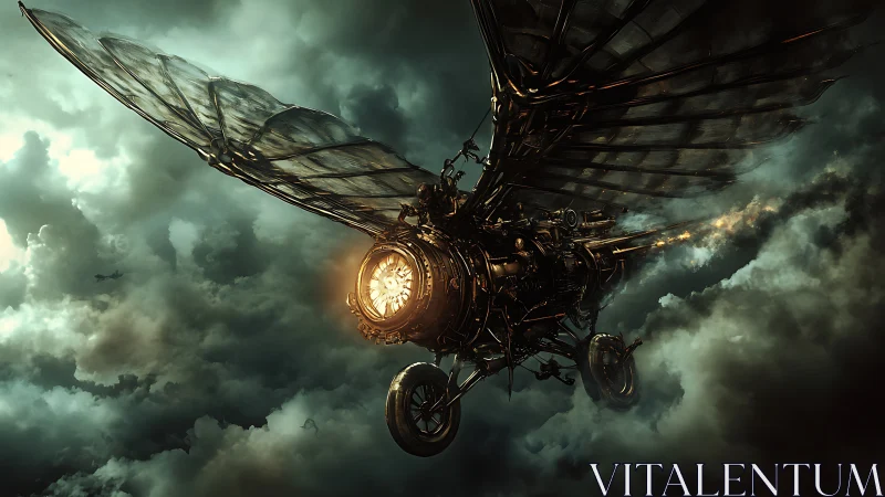 Steampunk ornithopter aircraft cuts through storm-turbulent clouds