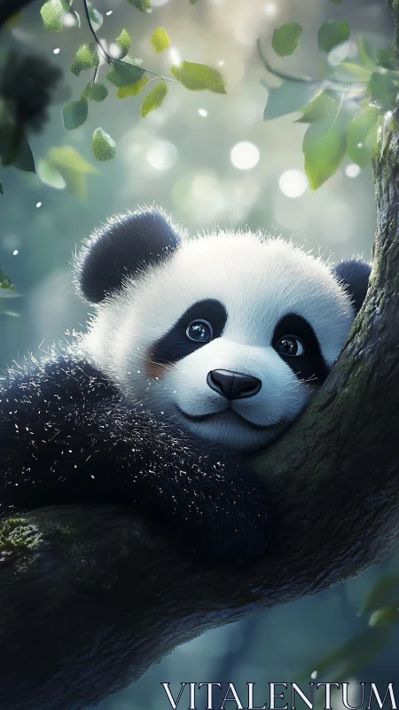 Baby panda resting on tree branch in soft forest light.